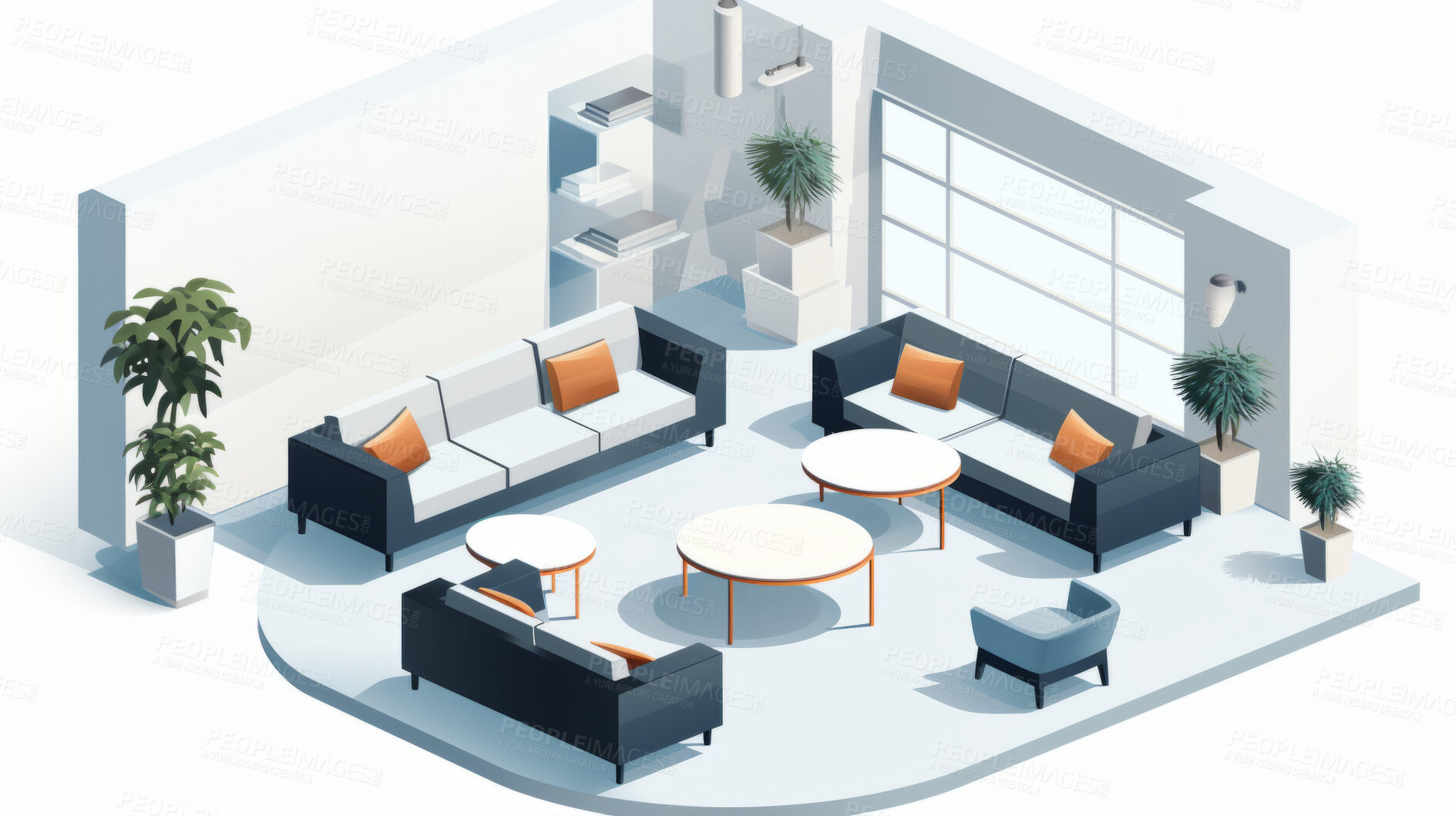 Buy stock photo Lounge, 3D render or living room area for relaxing or leisure, 3d model or interior concept in home. Cubic, artwork or illustration for virtual reality game application with furniture or remodelling