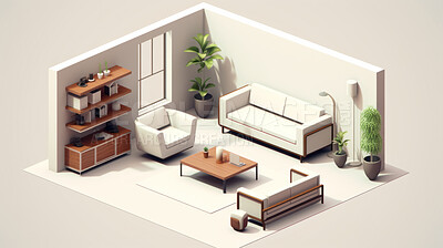 Buy stock photo Lounge, 3D render or living room area for relaxing or leisure, 3d model or interior concept in home. Cubic, artwork or illustration for virtual reality game application with furniture or remodelling