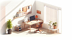 Home office, 3D render or professional space for work, freelance or interior concept in home. Cubicle, artwork, working space for work, job or virtual reality game application with furniture or remodelling