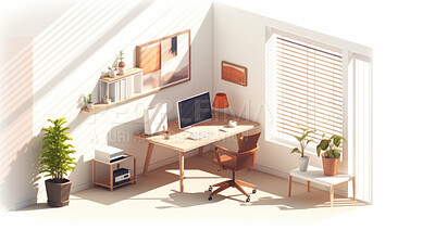 Buy stock photo Home office, 3D render or professional space for work, freelance or interior concept in home. Cubicle, artwork, working space for work, job or virtual reality game application with furniture or remodelling