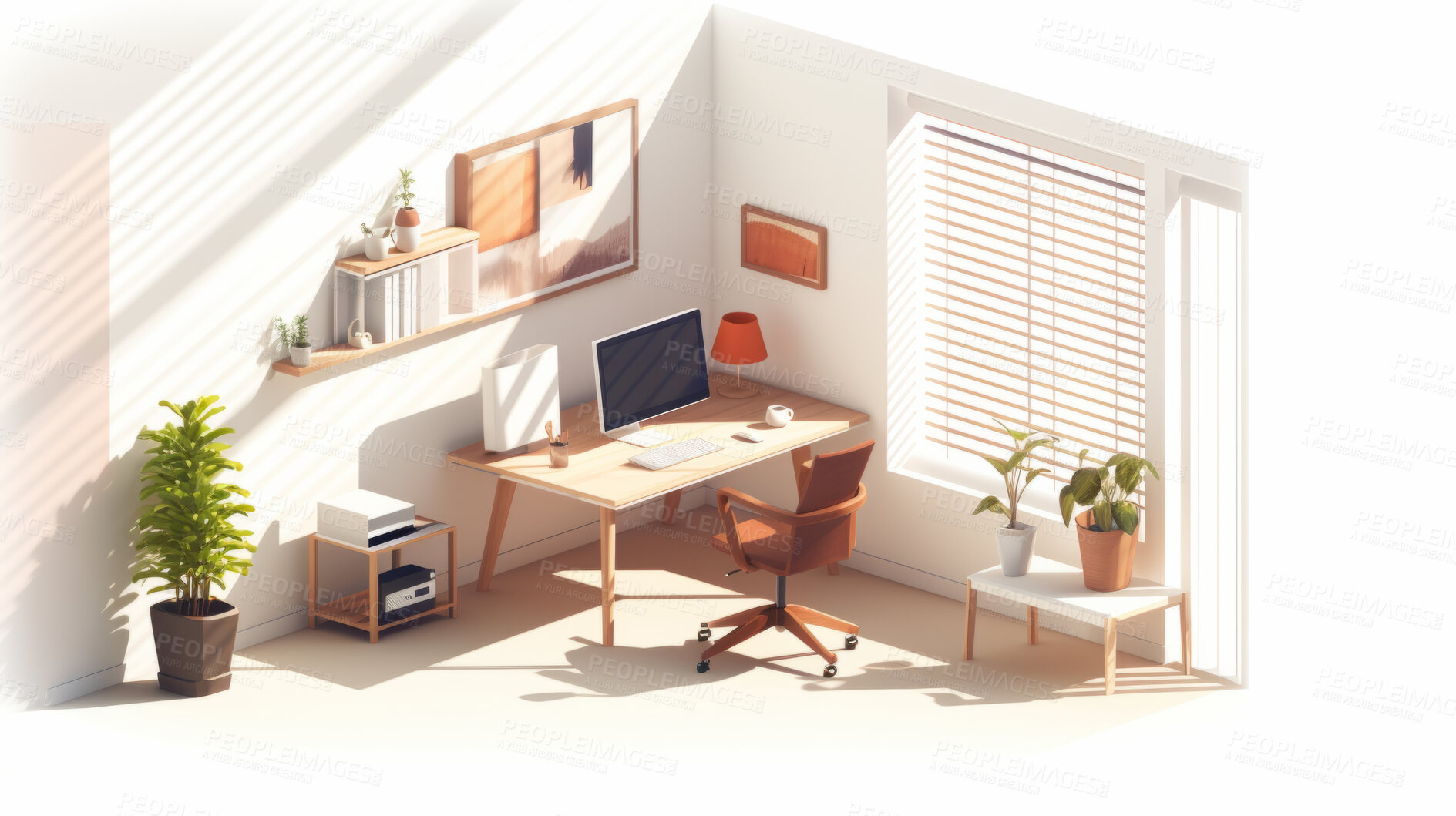 Buy stock photo Home office, 3D render or professional space for work, freelance or interior concept in home. Cubicle, artwork, working space for work, job or virtual reality game application with furniture or remodelling