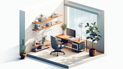 Buy stock photo Home office, 3D render or professional space for work, freelance or interior concept in home. Cubicle, artwork, working space for work, job or virtual reality game application with furniture or remodelling