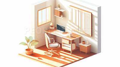 Buy stock photo Home office, 3D render or professional space for work, freelance or interior concept in home. Cubicle, artwork, working space for work, job or virtual reality game application with furniture or remodelling