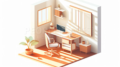Home office, 3D render or professional space for work, freelance or interior concept in home. Cubicle, vector, working space for work, job or virtual reality game application with furniture or remodelling