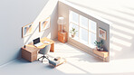 Home office, 3D render or professional space for work, freelance or interior concept in home. Cubicle, artwork, working space for work, job or virtual reality game application with furniture or remodelling
