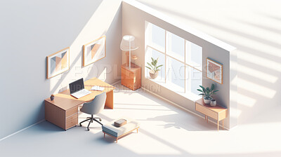Buy stock photo Home office, 3D render or professional space for work, freelance or interior concept in home. Cubicle, artwork, working space for work, job or virtual reality game application with furniture or remodelling