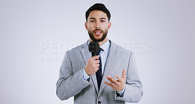 Buy stock photo Portrait, man and reporter for news with microphone on white background for mock up with broadcast in studio. Person, journalist and talking for announcement, information or live stream in Mexico