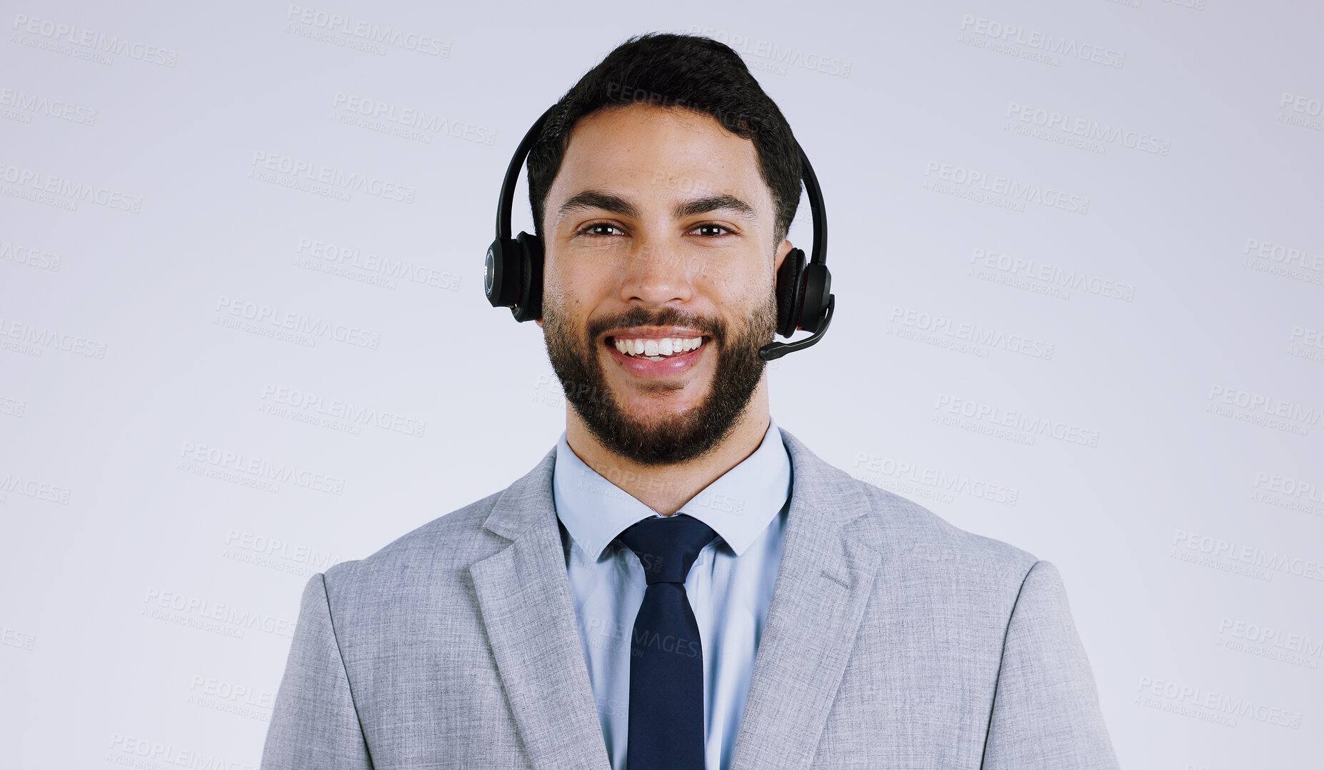 Buy stock photo Business man, call center and portrait for communication, customer support and e commerce service in studio. Face of consultant or agent with headphones for contact us isolated on a white background