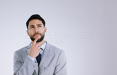 Buy stock photo Businessman, face and thinking on mockup for idea, solution or planning against a gray studio background. Male person in wonder, thought or contemplating for memory, remember or reminder and plan