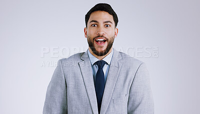Buy stock photo Business, man or portrait with surprised in studio for target, payment or bonus opportunity on gray background. Professional, person or employee and wow for announcement or promotion on mock up space