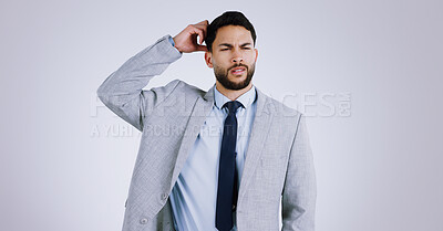 Buy stock photo Business man, confused and thinking or question, mockup and mistake for choice, decision and doubt. Businessperson, stress and frustrated on solution, problem solving and studio by white background
