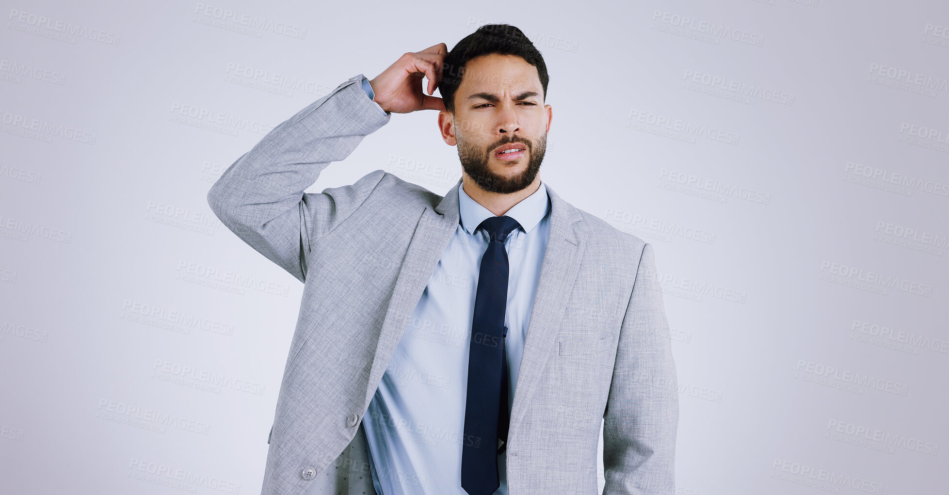 Buy stock photo Business man, confused and thinking or question, mockup and mistake for choice, decision and doubt. Businessperson, stress and frustrated on solution, problem solving and studio by white background