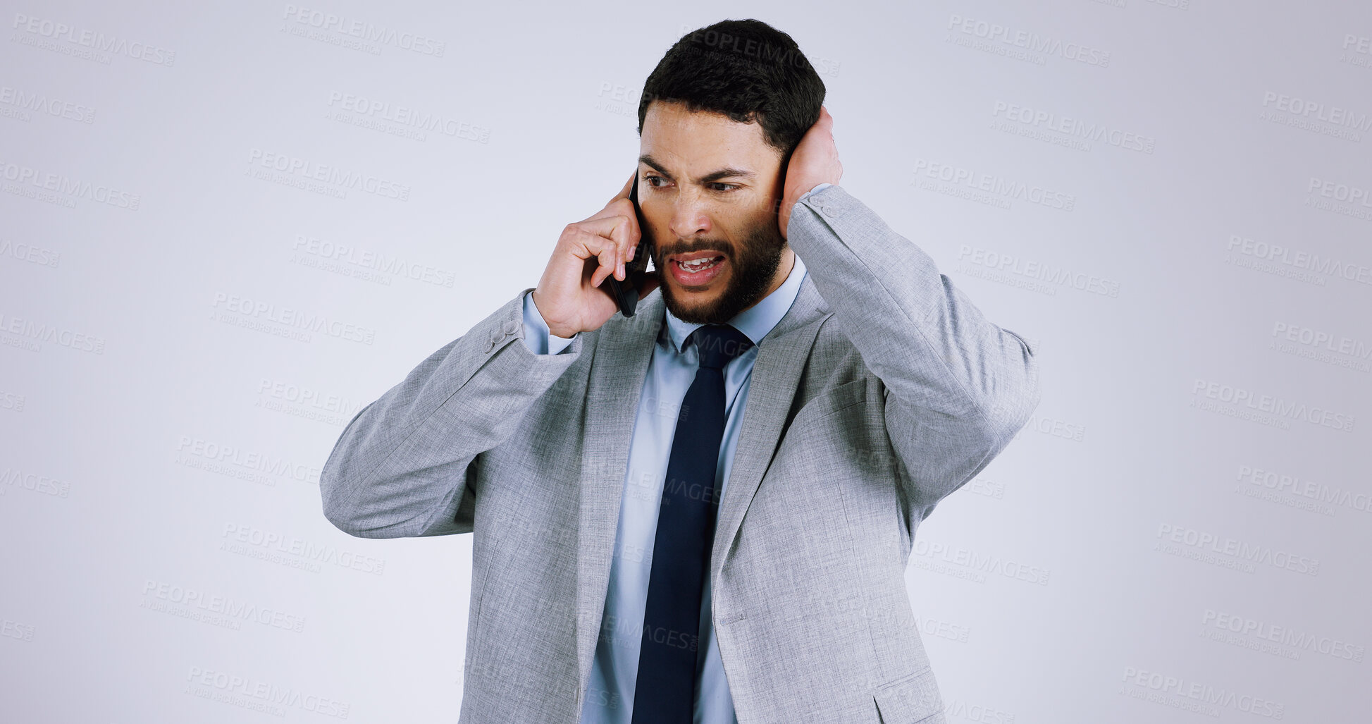 Buy stock photo Businessman, cellphone and call with stress, frustrated and isolated on studio background. Mobile, professional and overwhelmed with business crisis, corporate accountant and  financial mistake