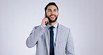 Businessman, smartphone and phone call for networking, communication and isolated on studio background. Mobile, professional and smiling for business conversation, consulting and corporate accountant