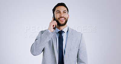 Buy stock photo Businessman, smartphone and phone call for networking, communication and isolated on studio background. Mobile, professional and smiling for business conversation, consulting and corporate accountant