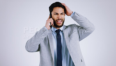 Buy stock photo Businessman, smartphone and phone call with stress, frustrated and isolated on studio background. Mobile, professional and overwhelmed with business crisis, corporate accountant and financial mistake