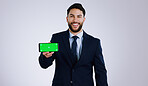 Business man, phone green screen and presentation for stock market, trading software or registration in studio. Portrait of professional trader with mobile app or website mockup on a white background