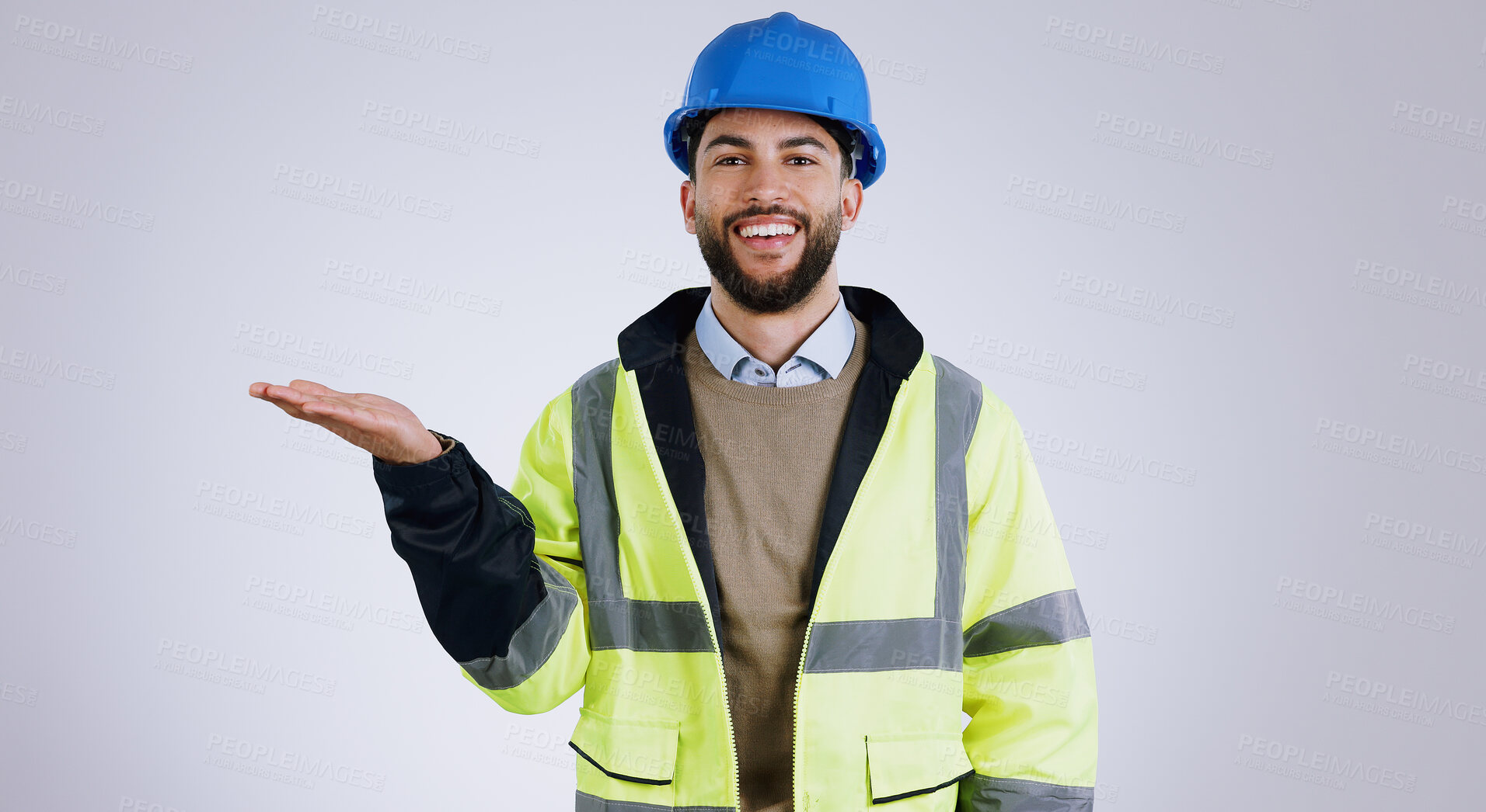Buy stock photo Happy man, portrait and architect with palm for advertising or marketing against a gray studio background. Male person, contractor or engineer smile with hand out for deal or service in construction