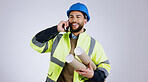 Engineering, man and phone call of construction design planning or project management communication in studio. Builder or worker for mobile chat, blueprint and architecture advice on white background