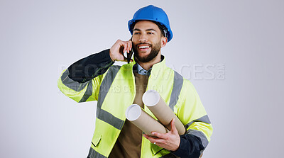 Buy stock photo Engineering, man and phone call of architecture design planning or project management communication in studio. Builder or worker for mobile chat, blueprint and construction advice on white background