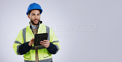 Buy stock photo Engineering, man and tablet for design ideas, inspection or thinking of project on studio banner and mockup. Construction worker with architecture survey and digital planning on a white background
