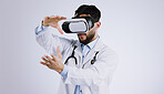 Man, doctor and VR or futuristic glasses with healthcare software, metaverse vision and user experience in studio. Medical worker with 3d exam and hands for virtual reality tech on a white background