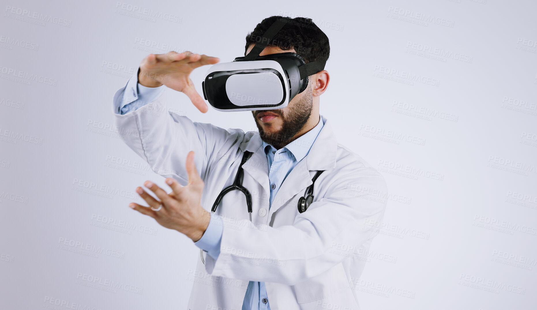 Buy stock photo Man, doctor and VR or futuristic glasses with healthcare software, metaverse vision and user experience in studio. Medical worker with 3d exam and hands for virtual reality tech on a white background