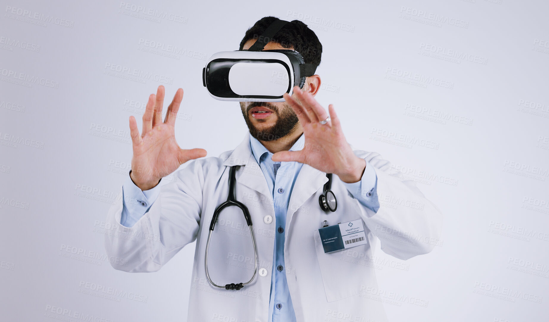 Buy stock photo Doctor, vision and virtual reality glasses for medical software, metaverse, futuristic technology and digital experience in studio. Healthcare man with 3d exam, hands and VR on a white background