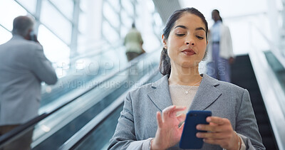 Buy stock photo Business, escalator and travel with woman, cellphone and social media with accountant, employee and convention. Person, consultant or broker with a smartphone, airport and connection with digital app