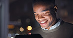 Businessman, night and reading with smile on digital tech, email with career progress in company. Black man, happy and touchscreen for online project growth, bokeh and feedback on startup expansion