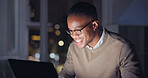 Businessman, night and laptop with smile in office, reading email with career progress in company. Black man, glasses and computer for happy in remote job, focus and internet research for strategy