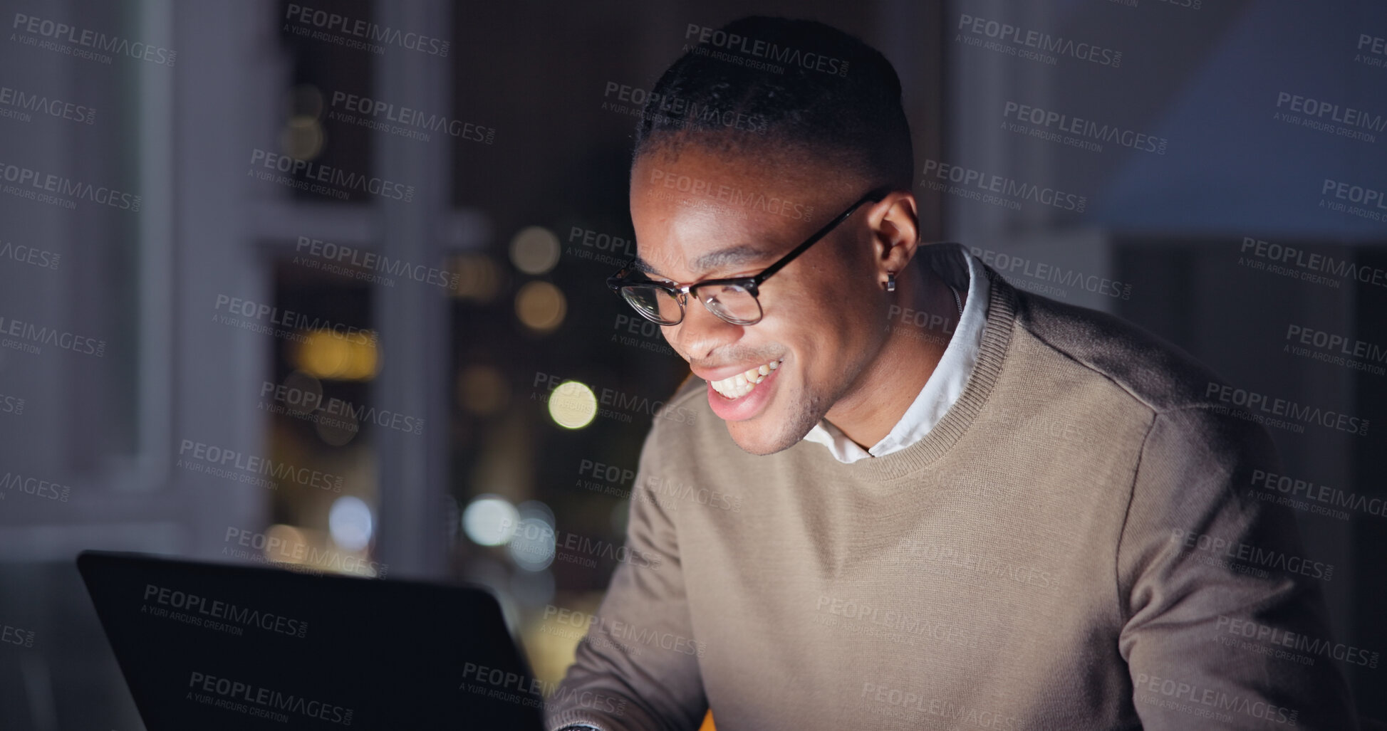 Buy stock photo Businessman, night and laptop with smile in office, reading email with career progress in company. Black man, glasses and computer for happy in remote job, focus and internet research for strategy