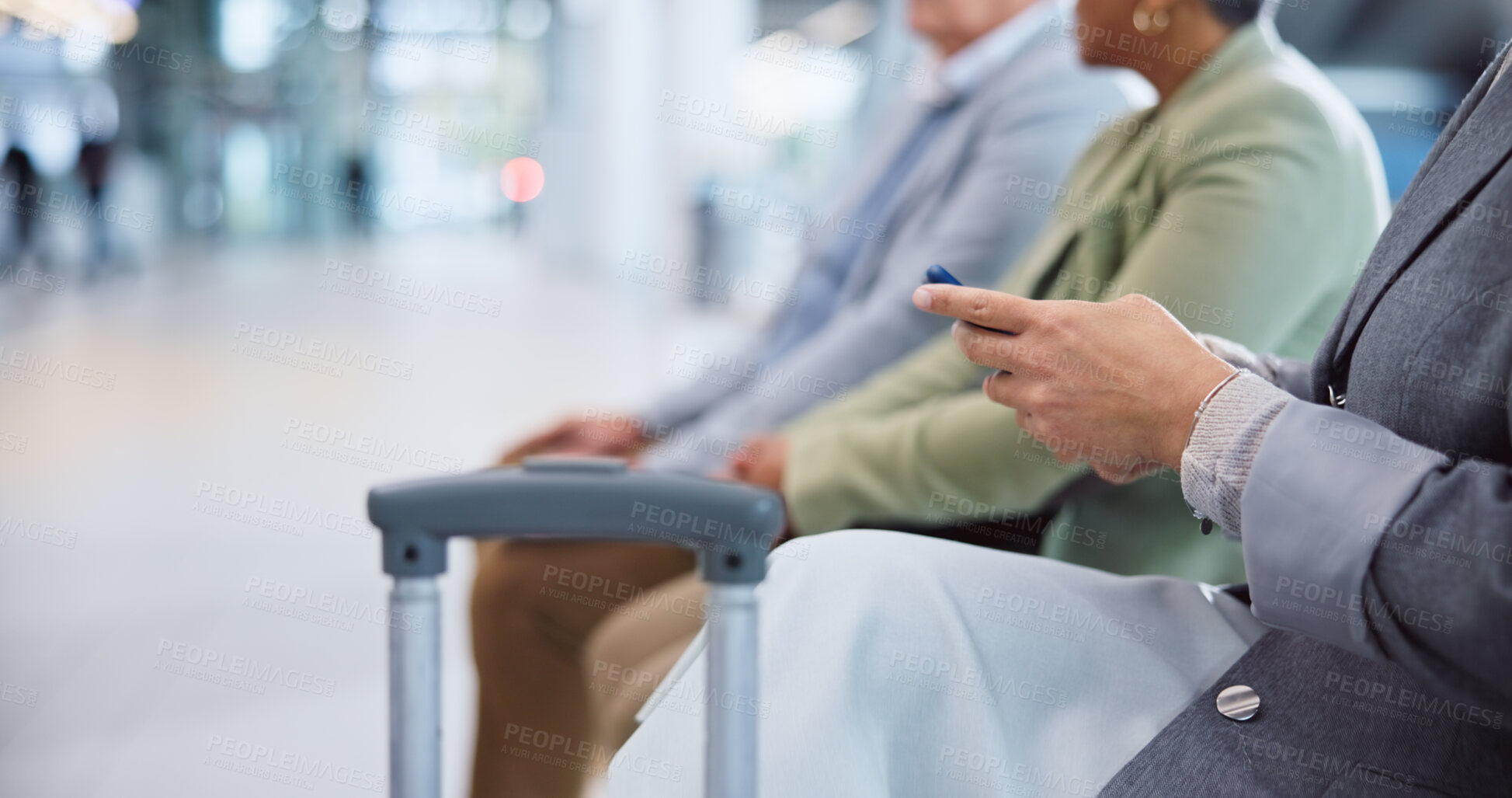 Buy stock photo Airport, luggage and hands of person with phone for social media, internet and online booking. Travel, business and closeup on typing on smartphone in line for check in, flight schedule or mobile app