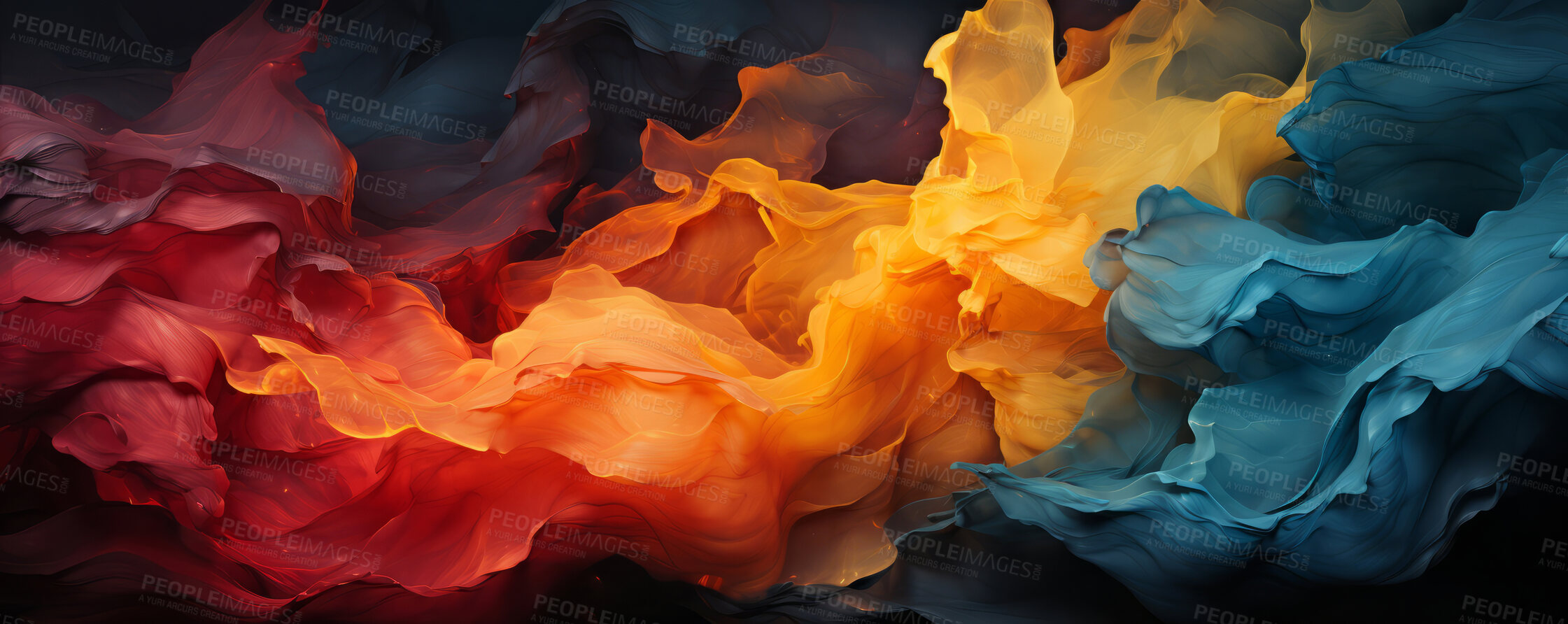 Buy stock photo Oil paint, flowing colour and design with art and painting for decorative, texture and creative idea. Ai generated, banner and pattern with abstract fantasy colours on background for graphic wallpaper.