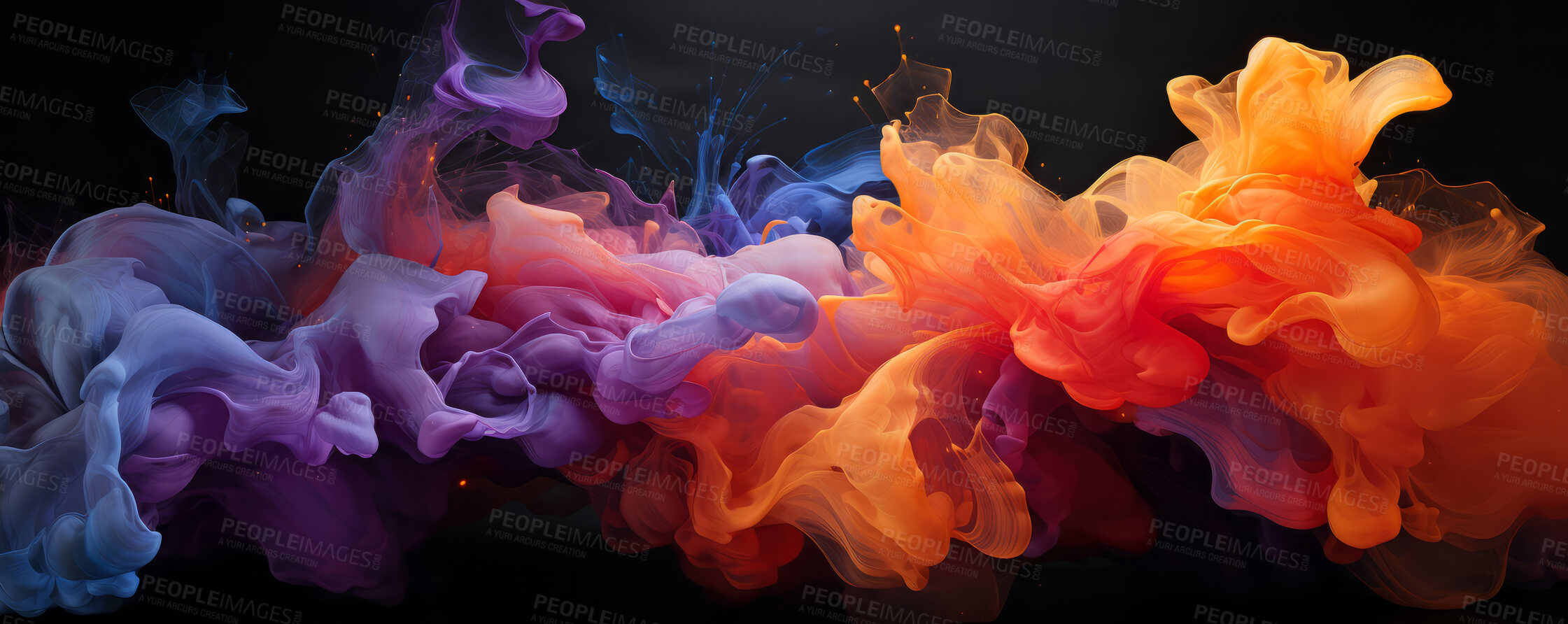 Buy stock photo Smokey, soft, flowing colour and design with art and ink for decorative, texture and creative idea. Ai generated, banner and pattern with abstract fantasy colours on background for graphic wallpaper.