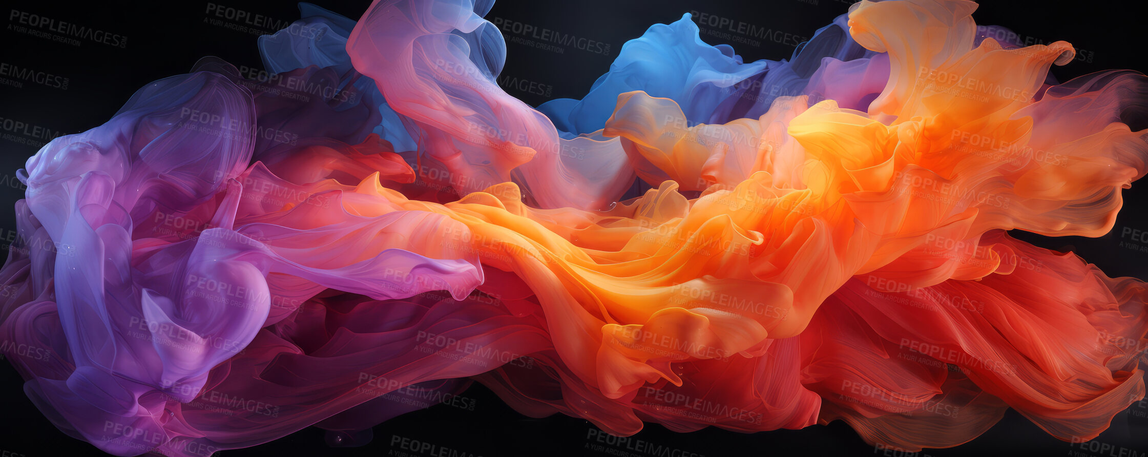 Buy stock photo Smokey, soft, flowing colour and design with art and ink for decorative, texture and creative idea. Ai generated, banner and pattern with abstract fantasy colours on background for graphic wallpaper.