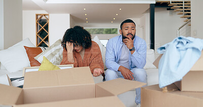 Buy stock photo New home, box and frustrated couple for moving, property investment and renting house. Conflict, argue and man and woman with crisis, problem and fight for mortgage, apartment or real estate purchase
