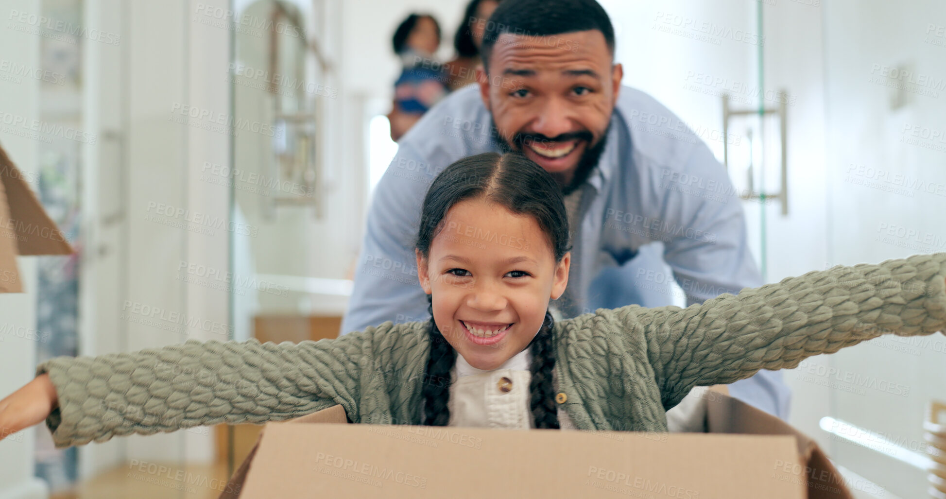 Buy stock photo Father, daughter and playing in box of new home with happiness, fun and bonding for relocation in hallway. Family, man and girl kid in cardboard for celebration or freedom in real estate or apartment
