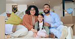 Portrait of happy family with boxes on floor, new home and property mortgage, future opportunity and security. Mother, father and child together in living room, real estate and moving to apartment.