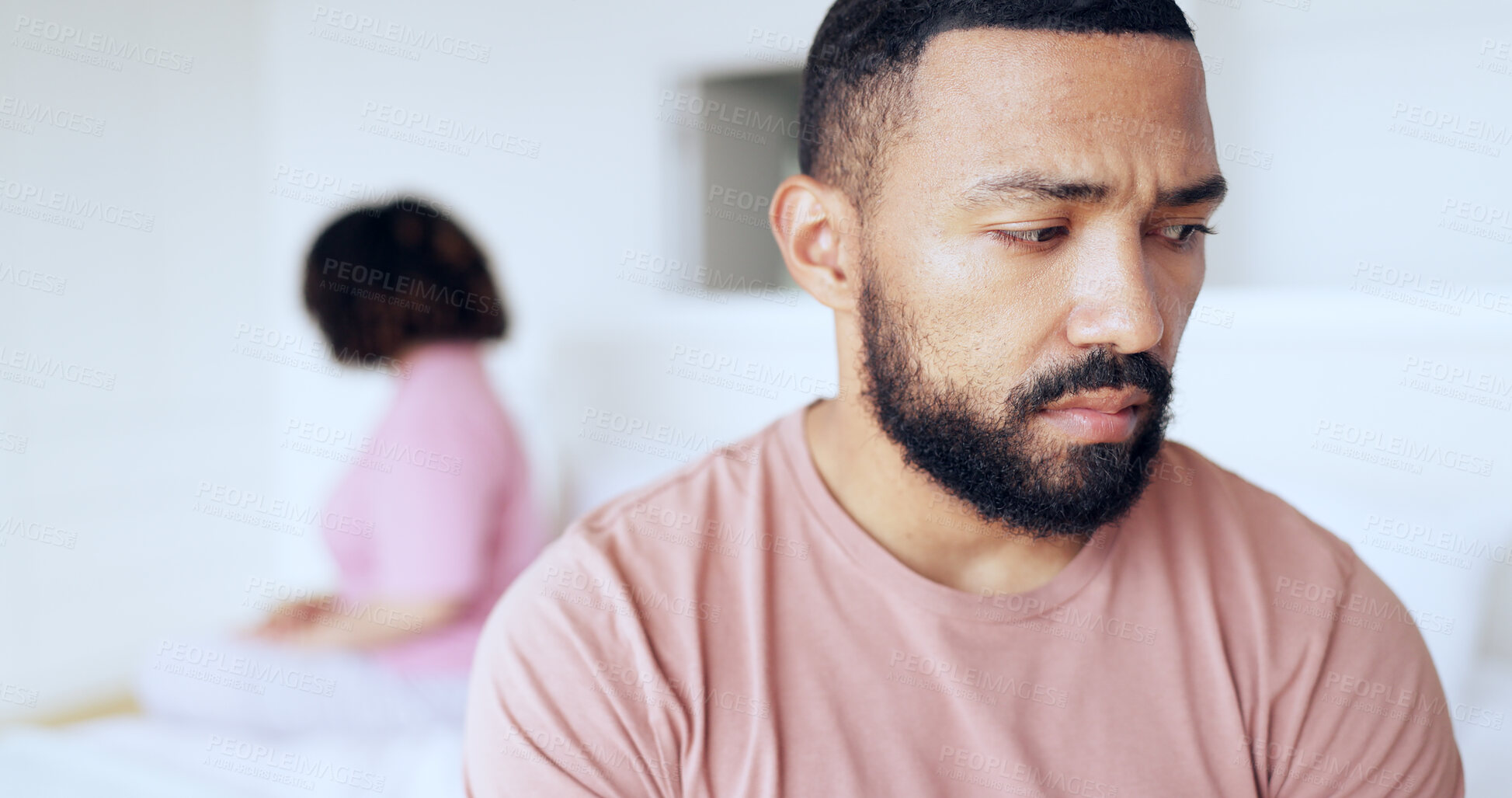 Buy stock photo Face, divorce and breakup with a man on the bed in his home after fighting with his wife as a couple. Thinking, sad or conflict with a husband in the bedroom of an apartment looking depressed