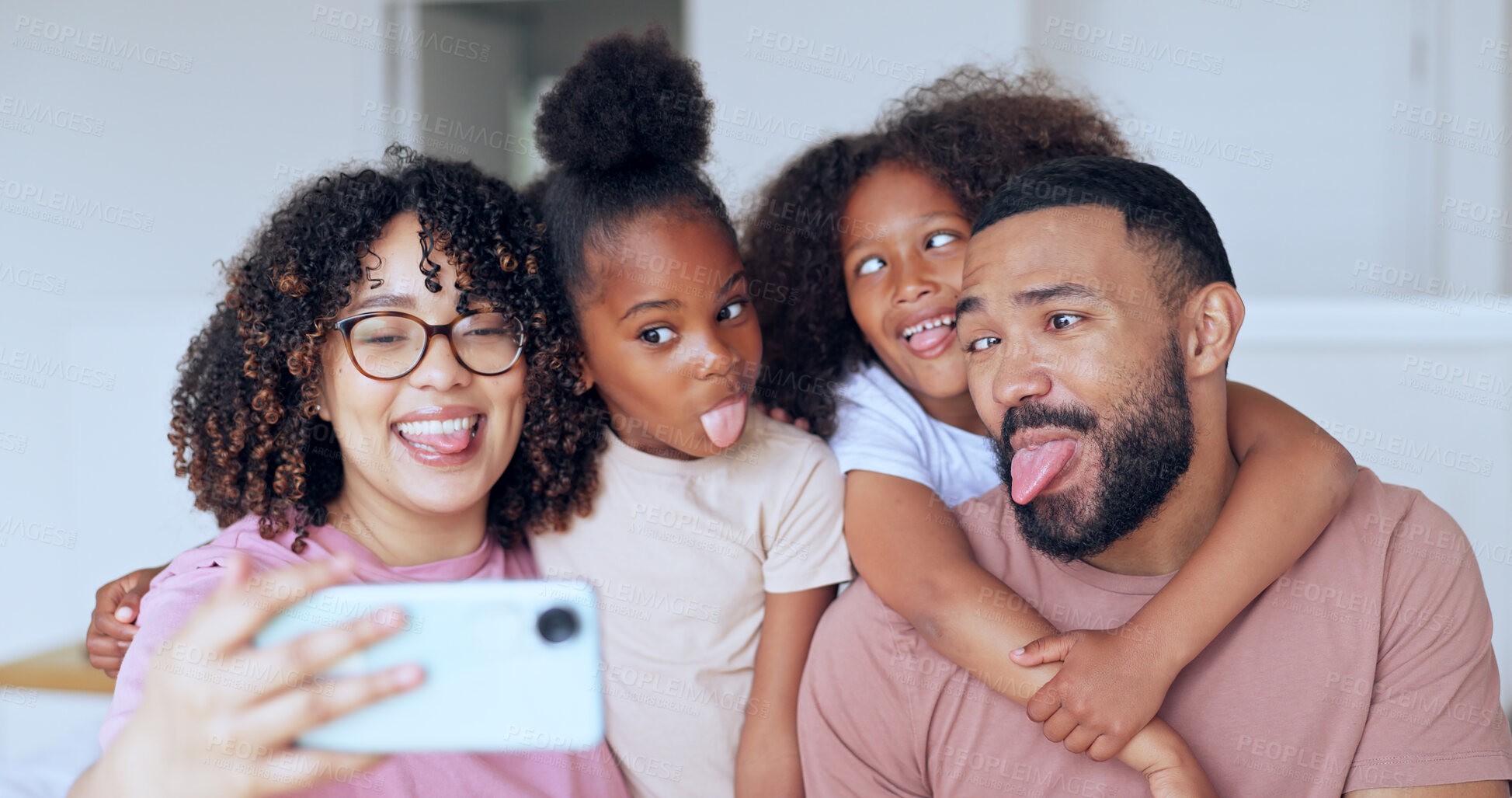 Buy stock photo Family in fun selfie with children in bedroom, morning bonding together for love and memory in home. Photography, happy face and parents with kids in house with smile, relax with mother and father.