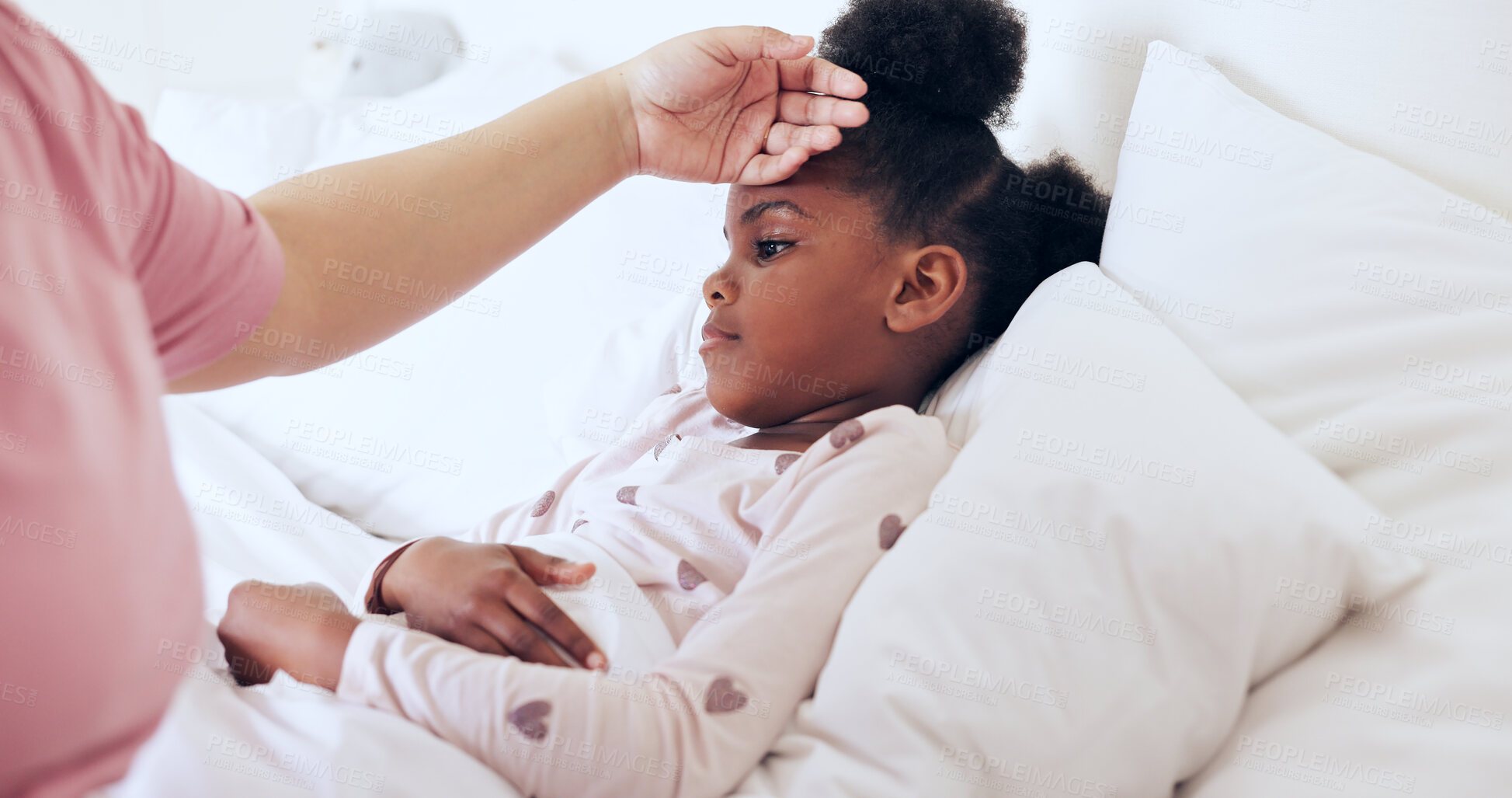 Buy stock photo Bed, girl and sick with parent, thermometer  and virus with a cold, fever and healthcare with love. Mother, kid and child with mama, bedroom and home with illness, hand of adult with support or house