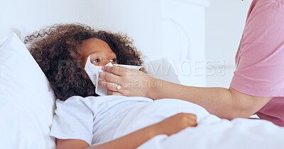 Buy stock photo Blowing nose, children or a boy sick in bed to relax or recover and a parent in the home to care or check. Family, kids and a child in the bedroom of an apartment with tissue for cold or flu