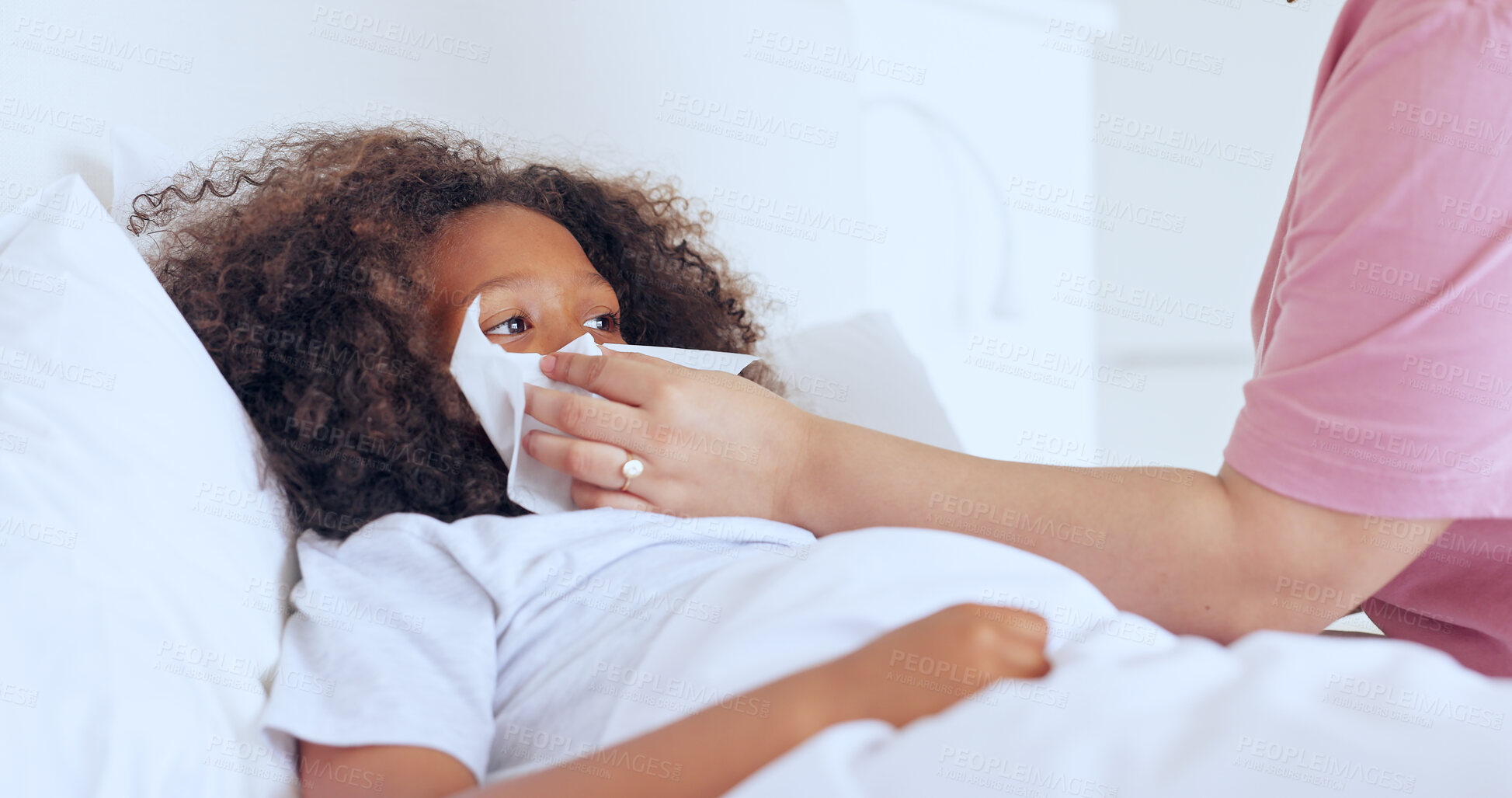 Buy stock photo Blowing nose, children or a boy sick in bed to relax or recover and a parent in the home to care or check. Family, kids and a child in the bedroom of an apartment with tissue for cold or flu