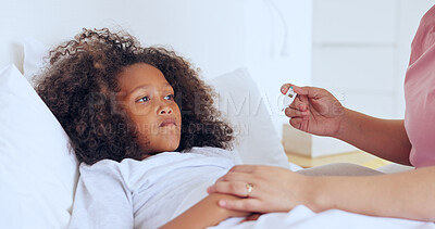 Buy stock photo Sick, thermometer or a girl with a fever in bed to relax or recover and a parent in the home to care or check. Family, kids and an unhealthy female child in the bedroom of an apartment with a fever