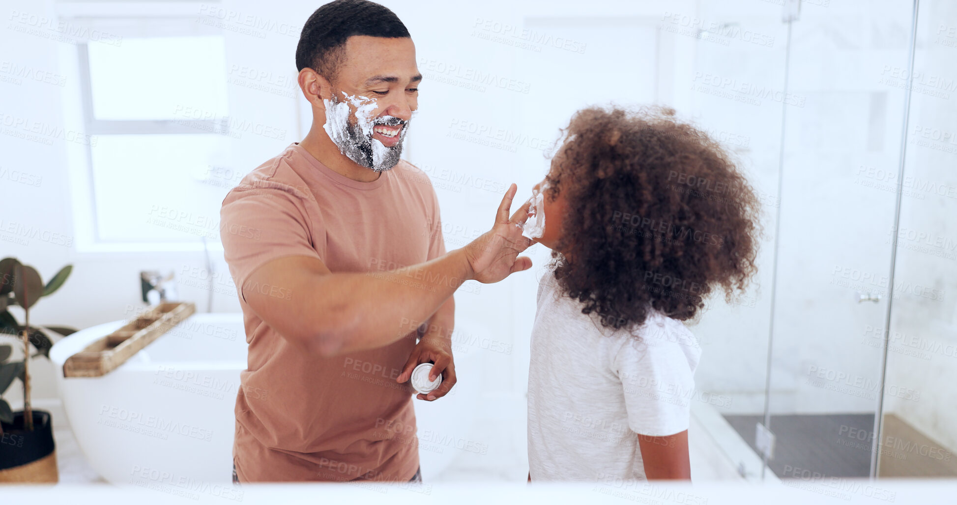 Buy stock photo Father, son and shaving cream in bathroom, playful and  morning routine in mirror, skincare and boy. Facial, cosmetic and bonding together with parent, family home or fun for face grooming treatment
