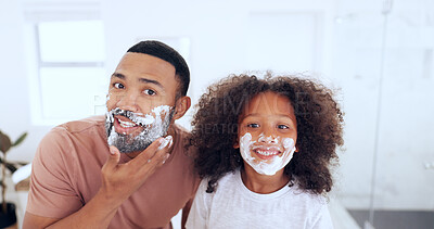 Dad, son and hair removal in bathroom, portrait and morning routine in mirror, skincare and boy. Facial, cosmetic and bonding together with parent, family home or fun for face grooming treatment