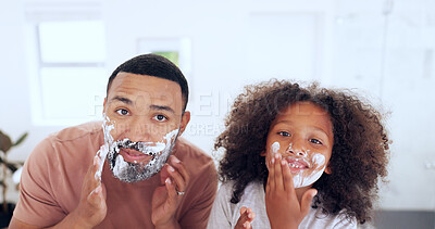 Dad, son and shaving cream in portrait, bathroom and morning routine in mirror, skincare and boy. Facial, cosmetic and bonding together with parent, family home or fun for face grooming treatment
