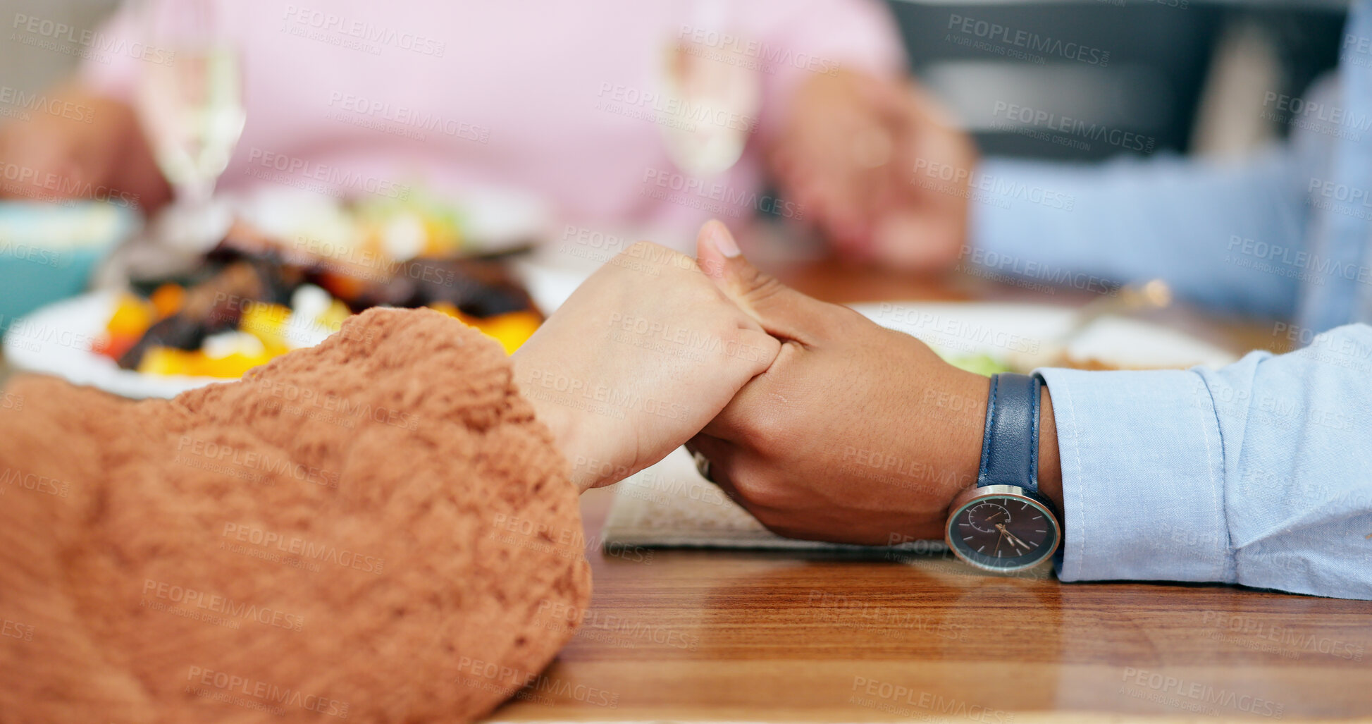 Buy stock photo Hands, food or table for thanksgiving prayer by family together, dinner or social for eating in home. Gratitude, love and kindness in bonding on holidays, buffet or faith for health diet in wellness 