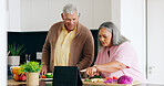 Senior, couple and cooking in kitchen with tablet for dinner, lunch or vegetables with support, help and love. Elderly, man and woman with watching, peace and nutrition for bonding or relationship